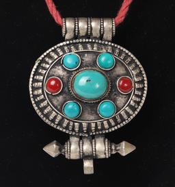 Vintage Tibetan Silver Prayer Box, Turquoise & Coral