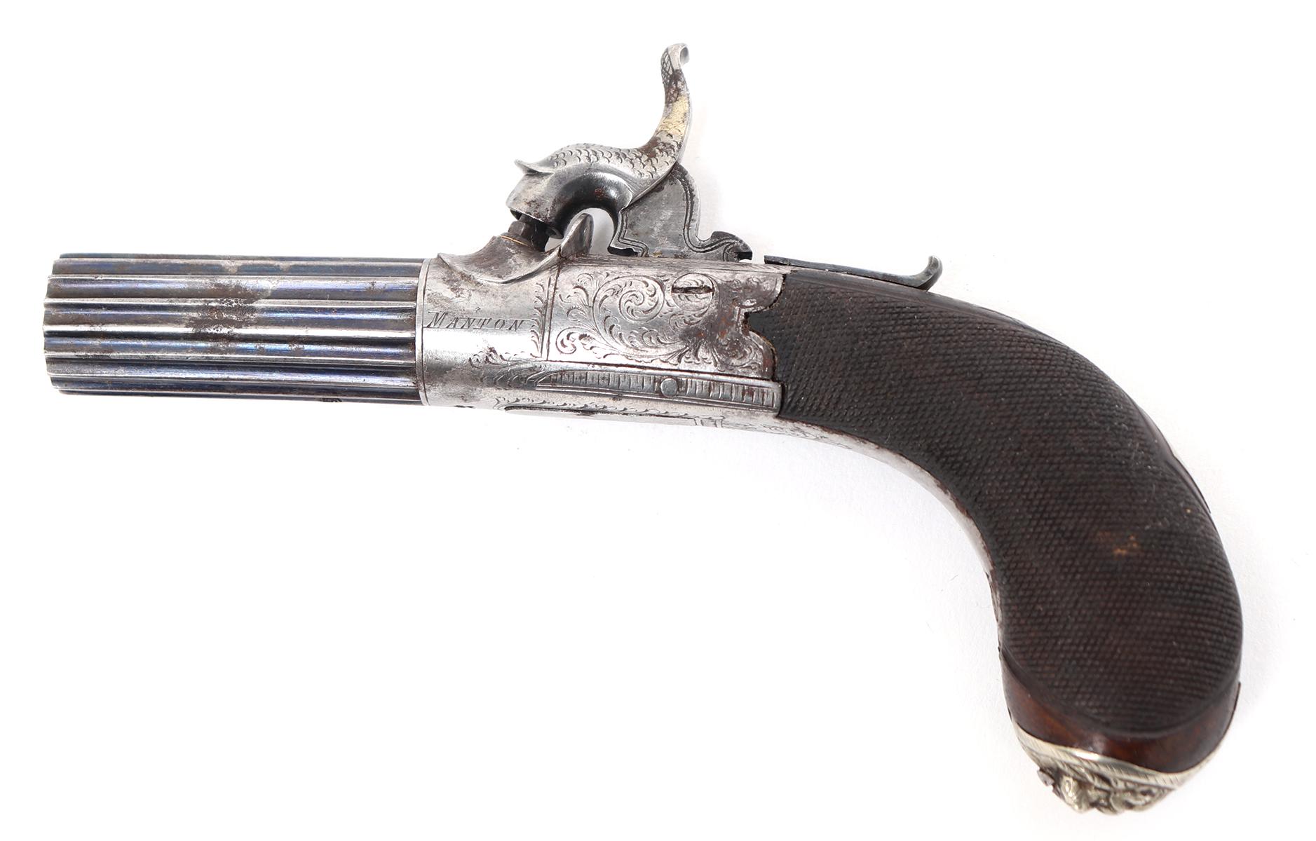 Excellent Pair of Silver, Fluted & Cased London Pistols by Manton