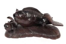 Large Japanese Wood Carved Carp with Hatchling