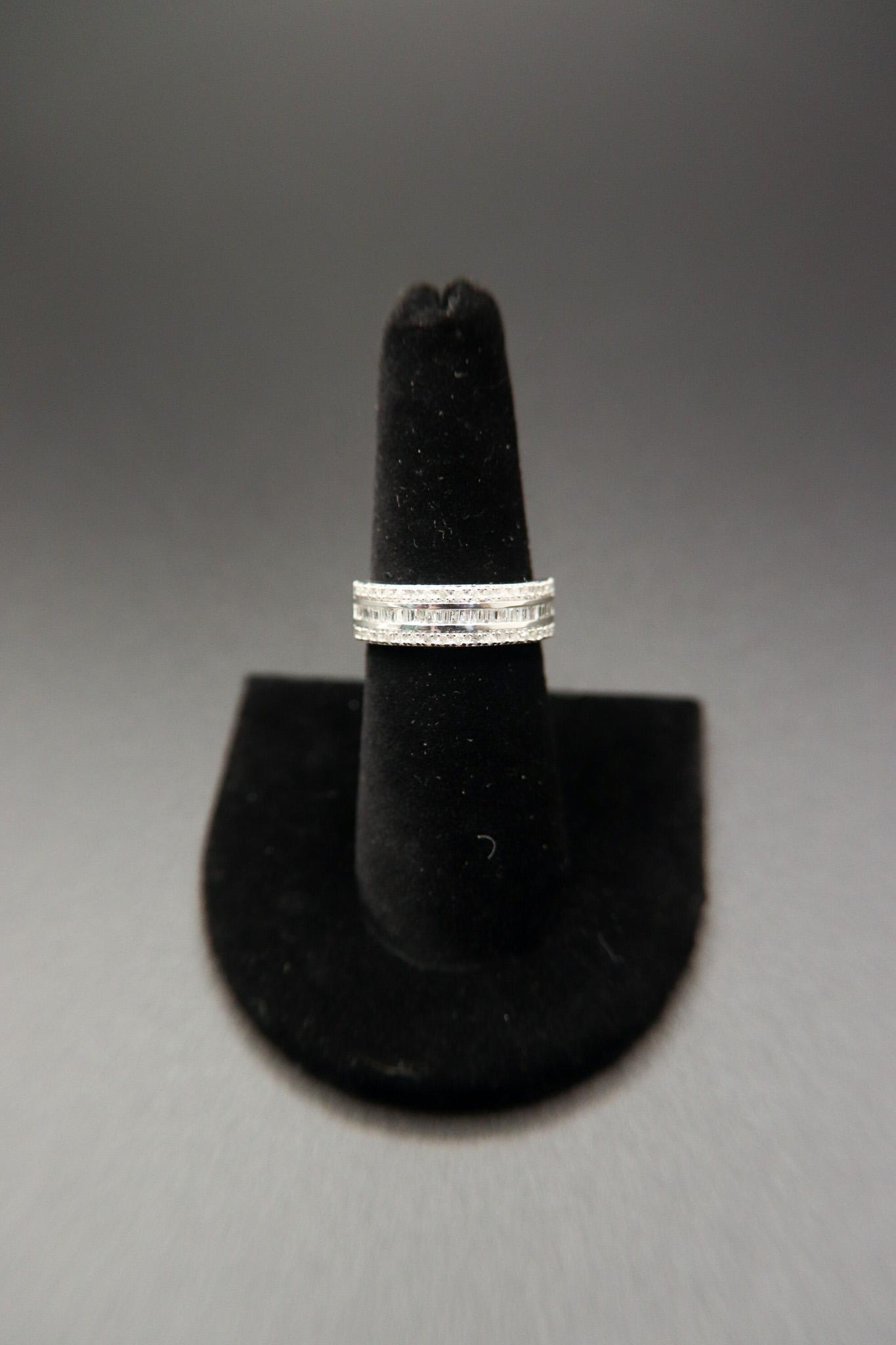 White CZ Round Baguette Sterling Silver Band.