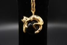 Gold Tone Cat on a Black Orb Pendant with Chain