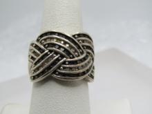 Vintage Sterling Black & Clear Diamond Ring, Woven, Signed Sc