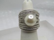 Silver Tone Faux Pearl Statement Ring, Sz. 5-7, Clear Stones, Signed