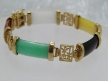 Vintage Faux Jade Bracelet, 6.75", Gold Tone, Asian Themed, 1980's-1990's