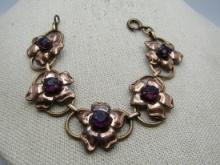 Vintage Sterling Vermeil Floral Link Bracelet, 6.75", 1940's, Purple Stones