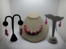 Pink Rhinestone Slide Necklace & 2 Pair Earrings, Pierced, Ashley Cooper, 2000's, 24"