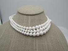Vintage Triple Strand White Glass Beaded Necklace, 14.5" Choker, 1950's-1960's