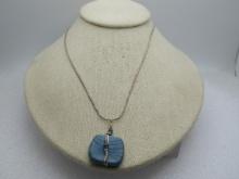 Vintage Sterling Handmade Blue Wrapped Pendant Necklace, 18"
