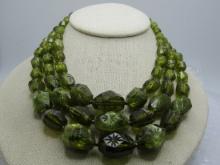 Vintage Triple Strand Green Beaded Necklace, German, 18"