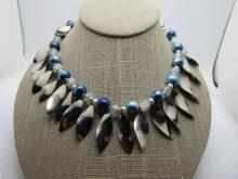 Blue Metallic & Crackle Bead Necklace, Leaf Drops, 16", 2000's Signed