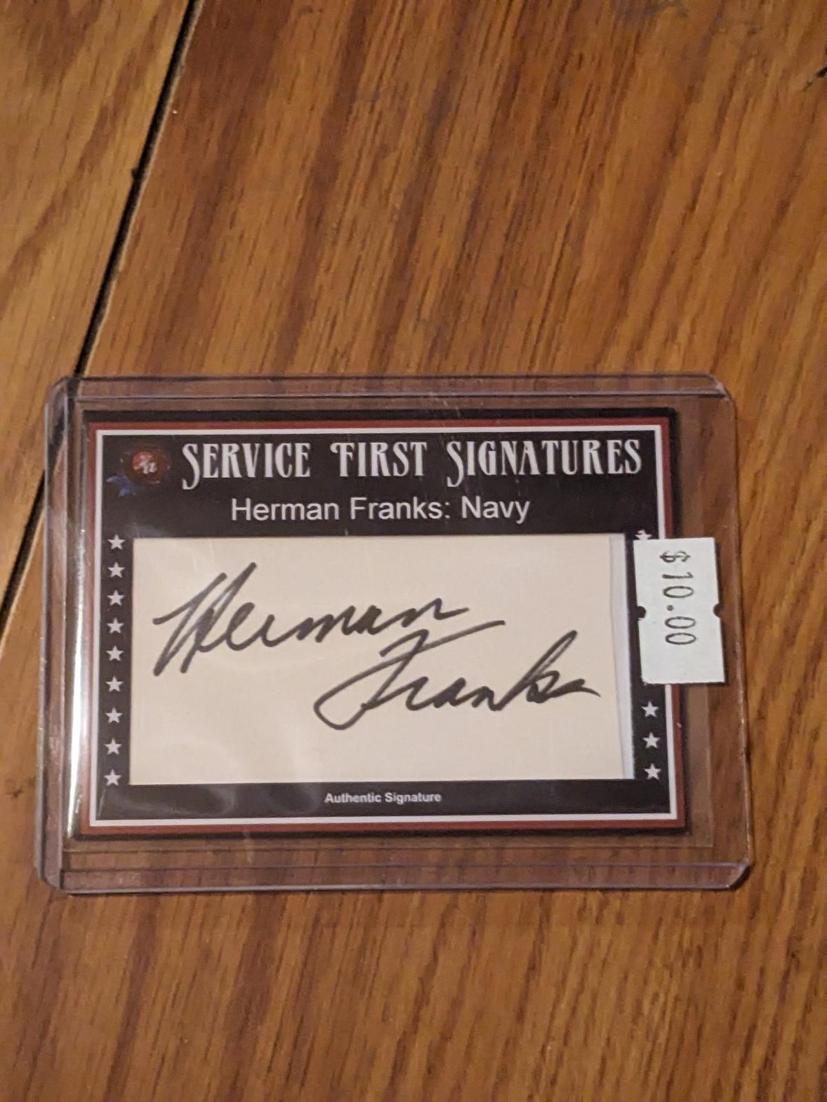 Herman Frank's Navy auto 2021 historic autograph service first signature card