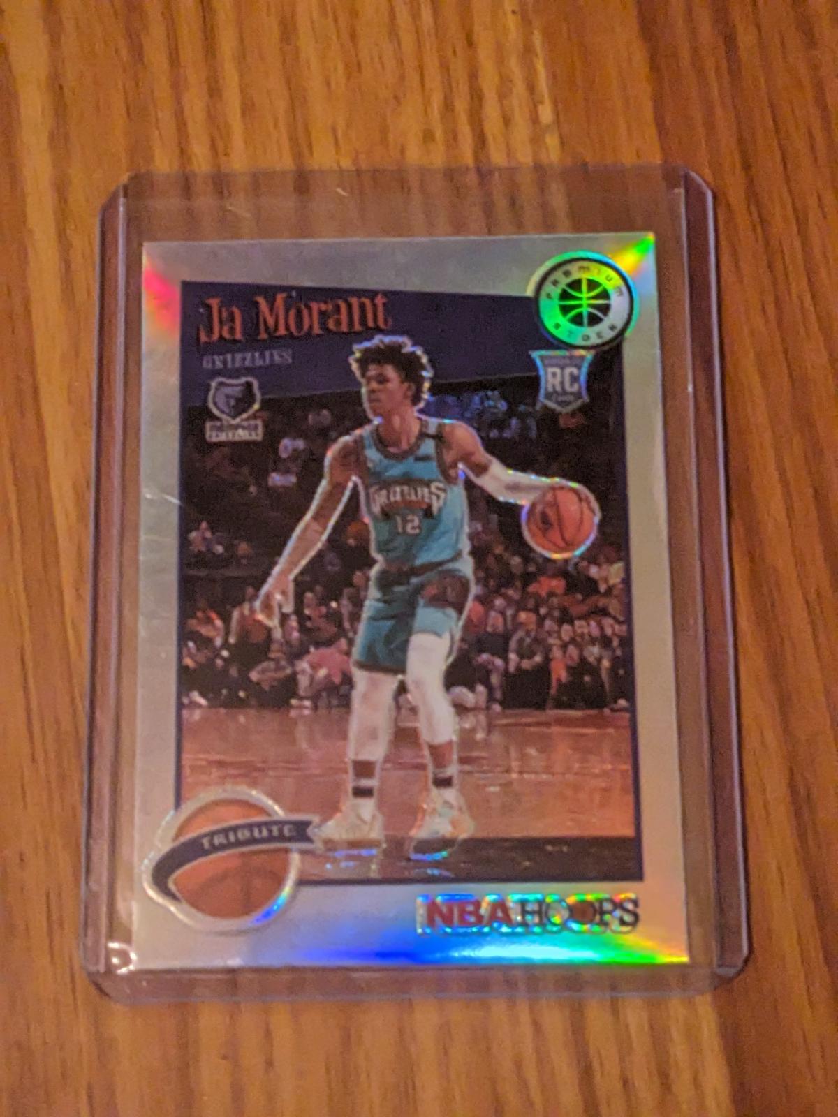 2019-20 NBA Hoops Premium Stock Ja Morant Silver Holo Prizm Tribute Rookie #297