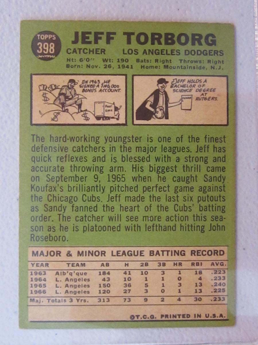 1967 TOPPS JEFF TORBORG NO.398 VINTAGE