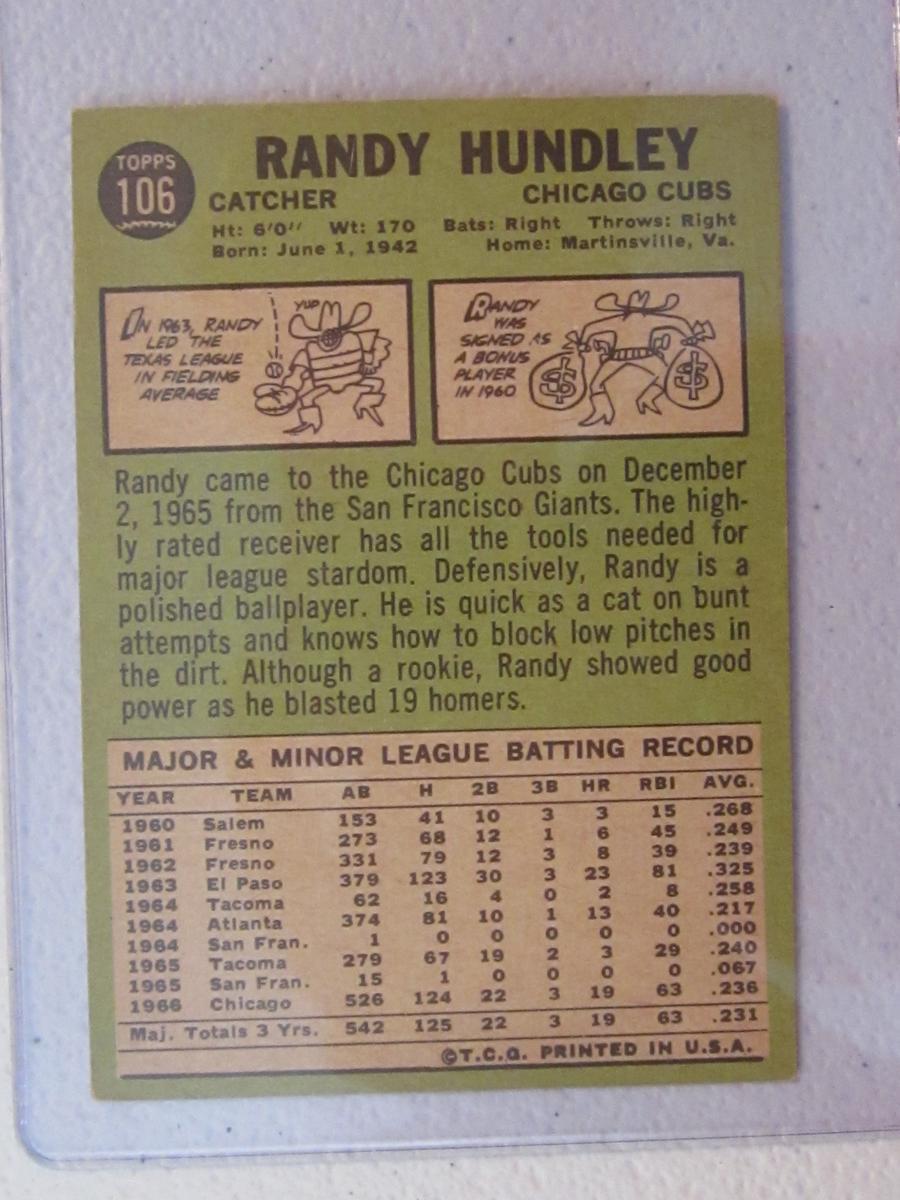 1967 TOPPS RANDY HUNDLEY NO.106 VINTAGE