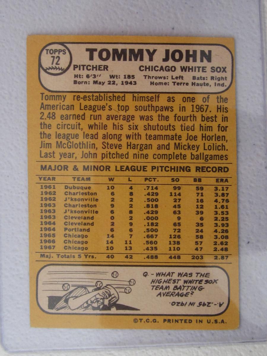 1968 TOPPS TOMMY JOHN NO.72 VINTAGE