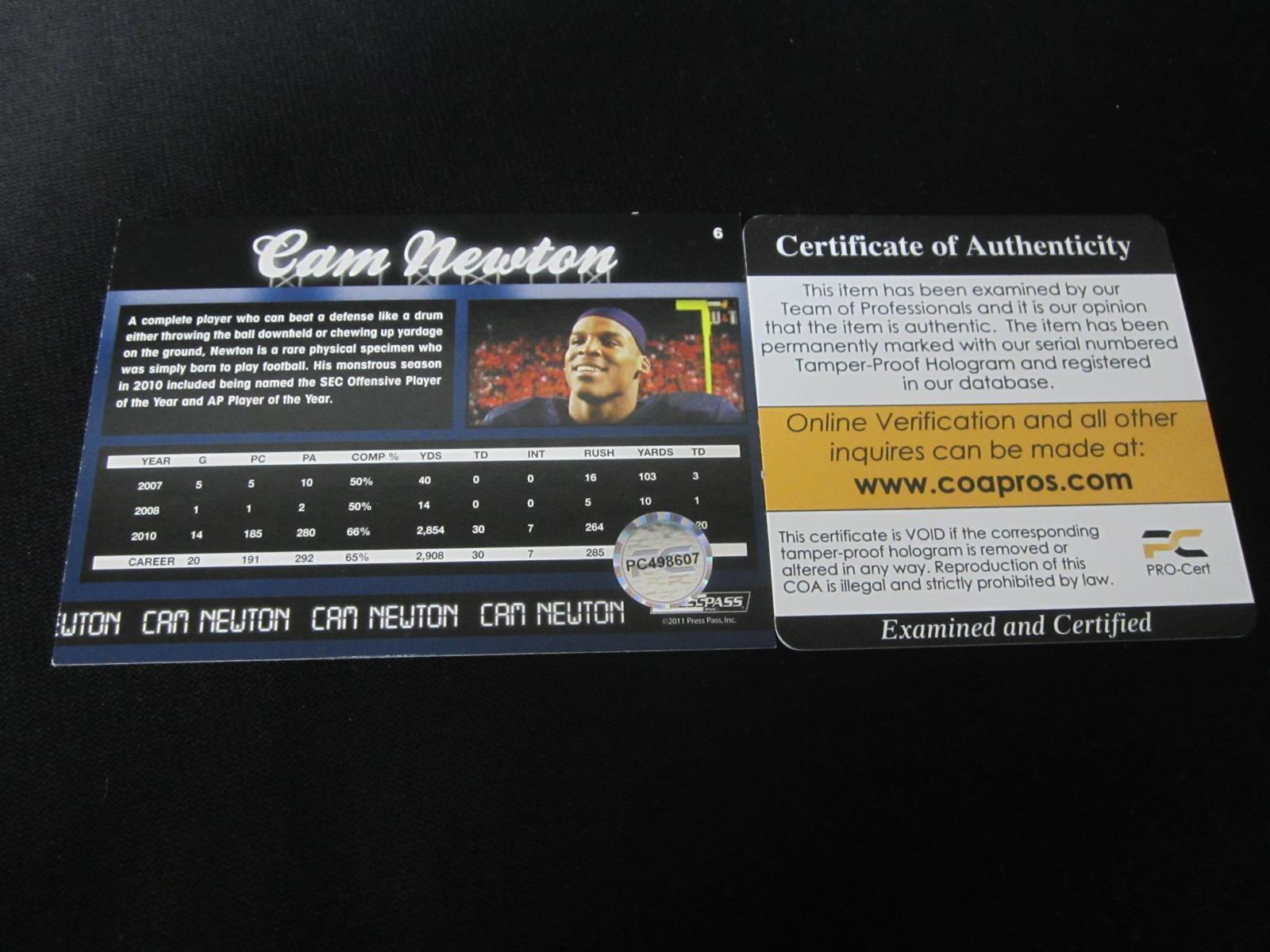 Cam Newton Signed Trading Card COA Pros