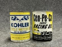 Pair Full Kohler  Cen-Pe-Co Metal Racing Motor Oil Quart Cans
