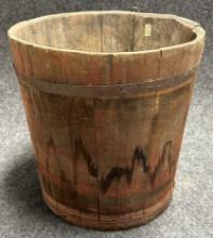 Antique Red Painted Large Wooden Bucket w Metal Bands