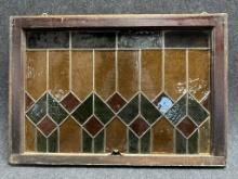 Antique Stained Glass Leaded Window w White Paint  Diamond Design