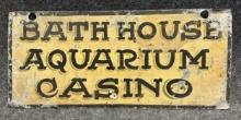 Antique Belle Isle Michigan Bath House Aquarium Casino Painted Zinc Sign Ca. 1900