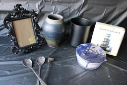 Picture Frame, Glass bowl set, Silver plated utensils, Utensil Canister and Cool Clay Vase