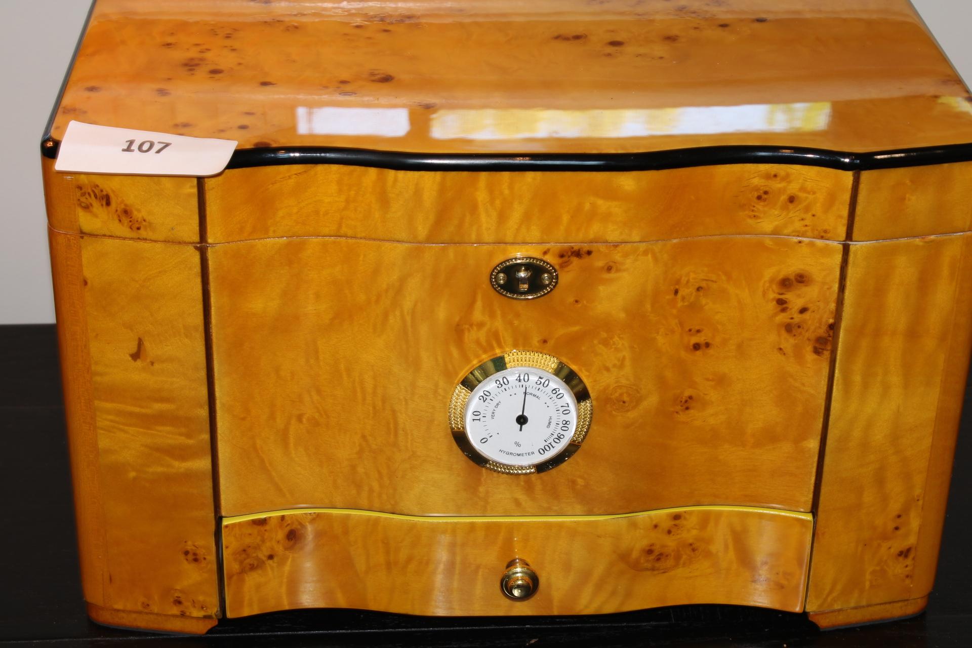 15"x 8" Blonde Burl Veneer/Cedar Hygrometer Humidor and Cigar Cutters. No keys!