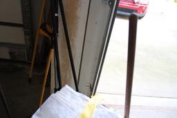 Garage chair, broom, metal yard decoration and wash brooms