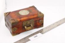 Vintage Chinese Rosewood Cherry Wood Jewelry Box with Brass & Jade Inlay. Missing key.