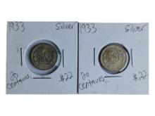 Lot of 2 - 1933 20 Centavos - 90% Silver