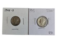 Lot of 2 Mercury Dimes - 1945-S & 1945