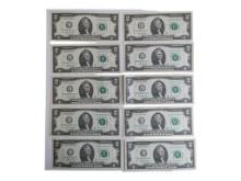 Lot of 10 - 2017A Consecutive $2 Bills