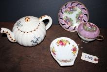 Vintage Porcelain Tea Pot, Spoon Rest and cup & saucer