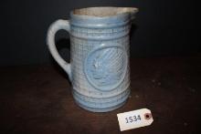 Blue and white stoneware pitcher, salt glaze
