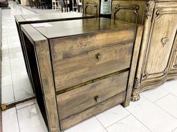 Traditional brown nightstand with striped knobs