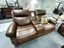 Brown loveseat with middle storage console (with 2 cupholders)