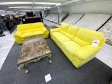 Yellow fabric sofa and loveseat