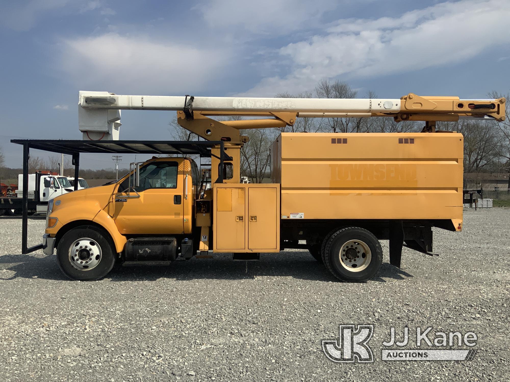 (Hawk Point, MO) HiRanger/Terex XT55, Over-Center Bucket Truck mounted behind cab on 2013 Ford F750