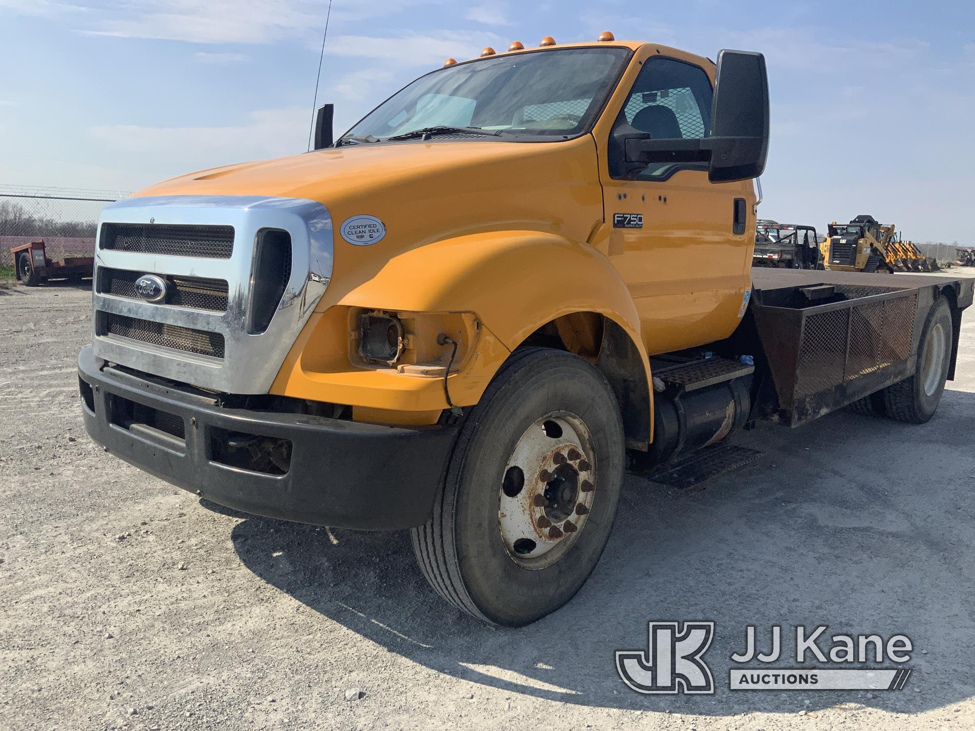 (Hawk Point, MO) 2013 Ford F750 Flatbed Truck Runs & Moves) (Check Engine Light On, Missing Headligh