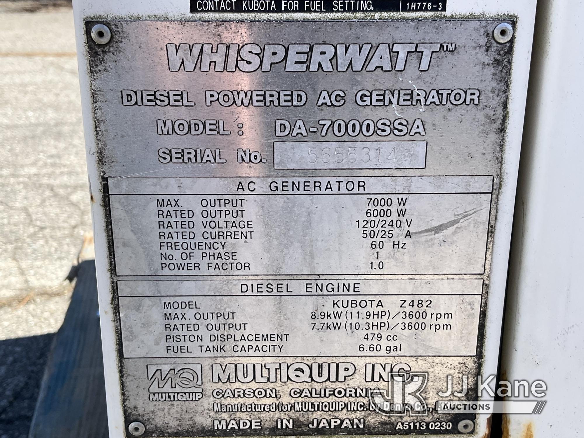 (Wells, ME) 2011 WhisperWatt DA-7000SSA Generator Not Running, Condition Unknown