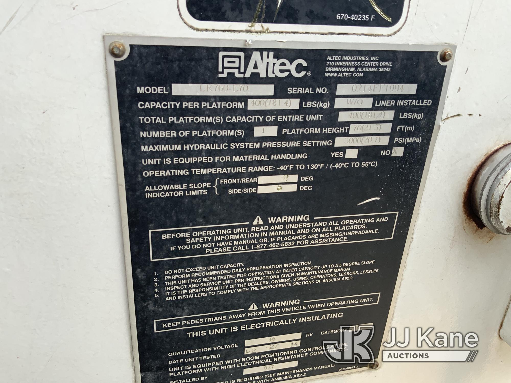 (Fort Wayne, IN) Altec LR760E70, Over-Center Elevator Bucket Truck mounted behind cab on 2013 Ford F