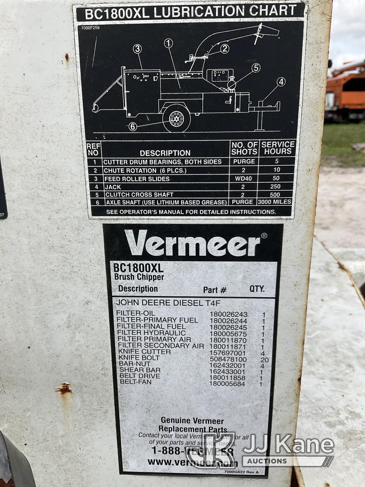 (Westlake, FL) 2016 Vermeer BC1800XL Chipper (18in Drum), trailer mtd No Title, Towable, Runs, Hour