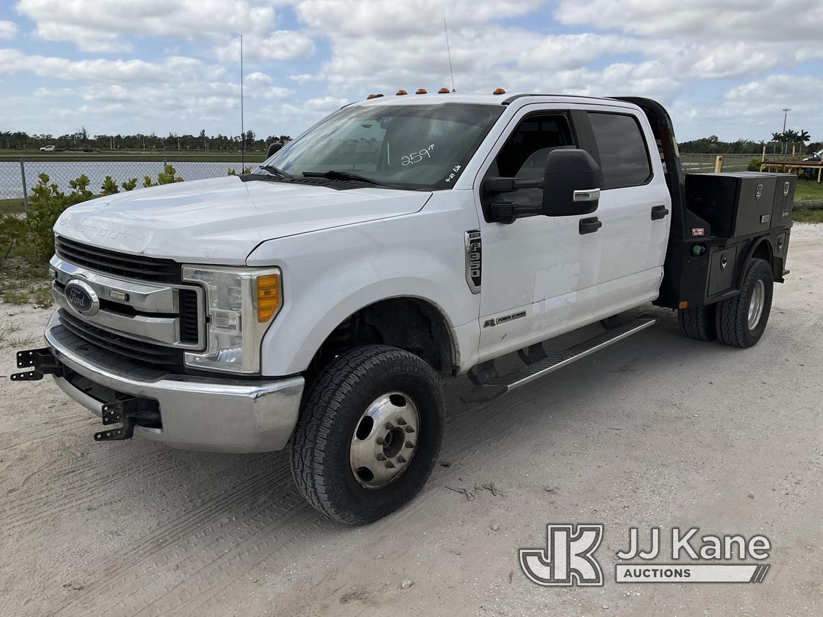 (Westlake, FL) 2017 Ford F350 4x4 Crew-Cab Flatbed Truck, DEF Issue Runs & Moves, Check Engine Light