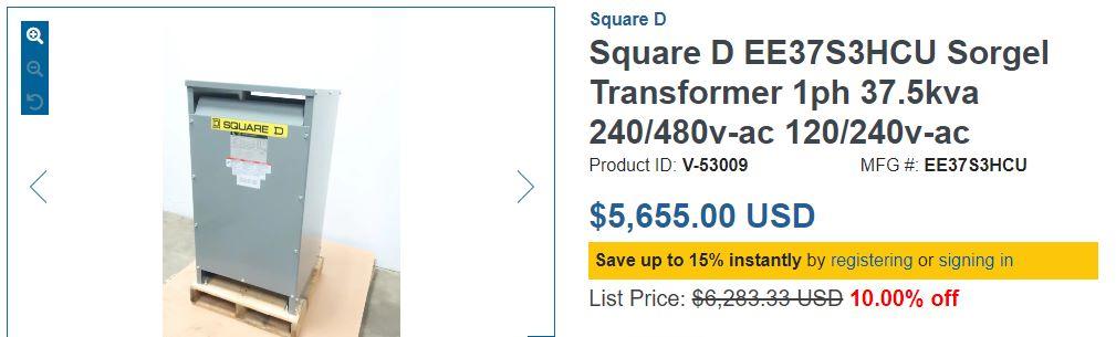 SQUARE D SINGLE PHASE TRANSFORMER; 480 DELTA; 120/240