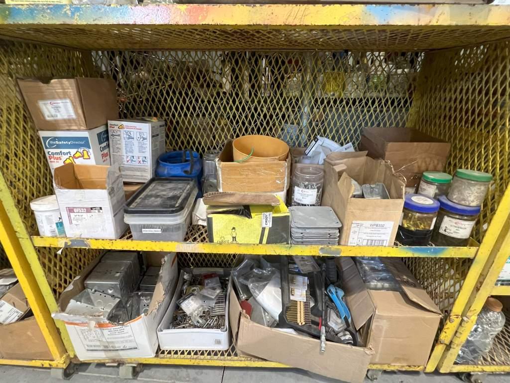 ROLLING METAL CAGE W/ ASSORTED FASTNERS; WASHERS; & MISC; ELECTRICAL PARTS