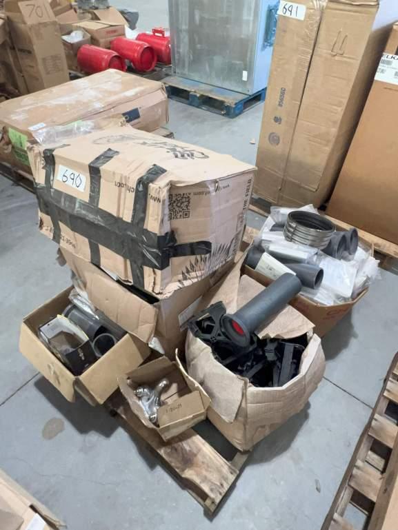 PALLET OF ASSORTED PLUMBING PARTS; FAUCET PIPE STANDS; AND WASHING MACHINE OUTLET BOXES