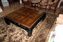 Oriental rolled walnut top 45" square coffee table