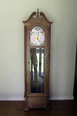 3 weight oak grandfather clock with key and pendulum, complete 80" tall x 20" wide