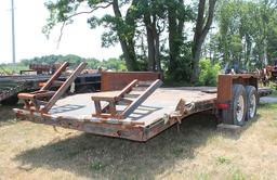 22' DECK 26' OVERALL TANDEM AXLE BEAVER TAIL CAR HAULER, DIAMOND PLATE DECK, OLDER UNIT BUT WORKS,