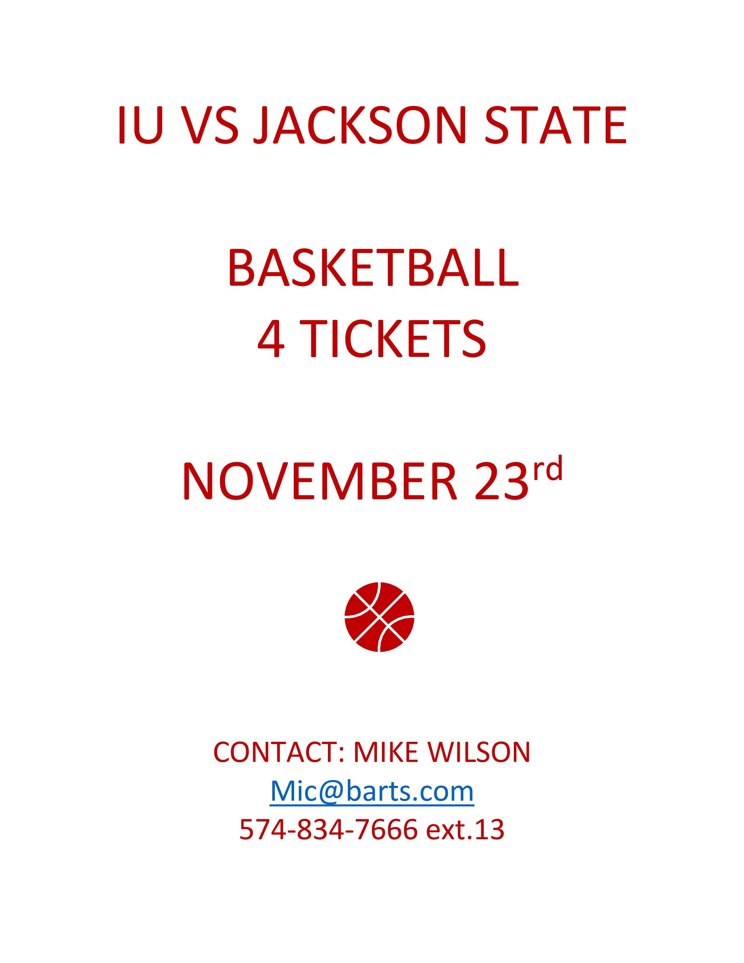 IU V's Jackson State 4 Basketball Tickets- November 23rd Section D Row - Don