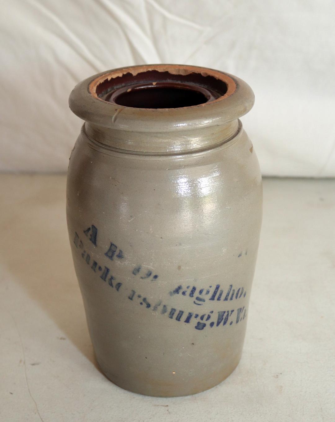 STONEWARE 1-QUART SALT GLAZE CANNING JAR BY A.P. DONAGHHO, PARKERSBURG WEST